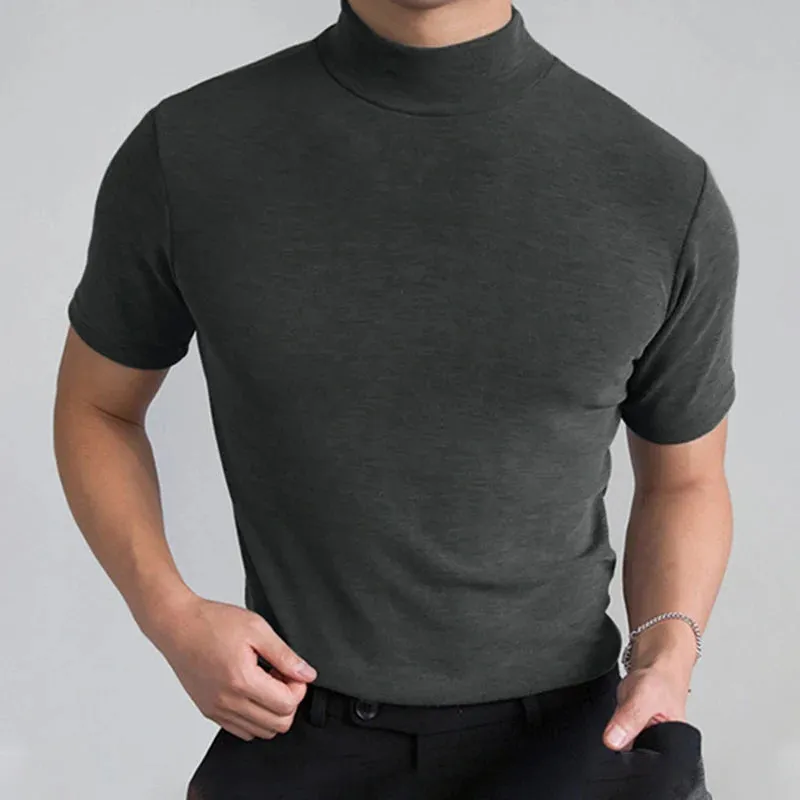 Stylish America Style Men's T-shirt Male Slim Solid Color Half Turtleneck Tops Short Sleeve Fashion tide 9A8194