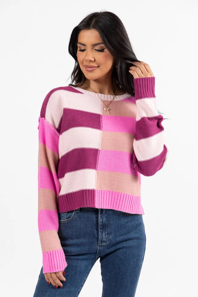 Take Your Time Pink and Berry Multi Color Block Striped Crop Sweater SALE