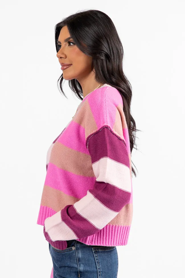 Take Your Time Pink and Berry Multi Color Block Striped Crop Sweater SALE