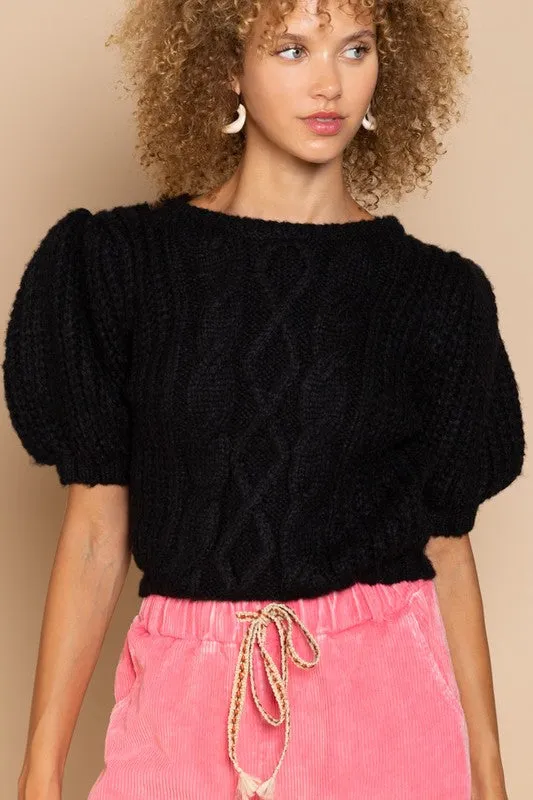 TEEK - Black Puff Sleeve Cable Sweater Top