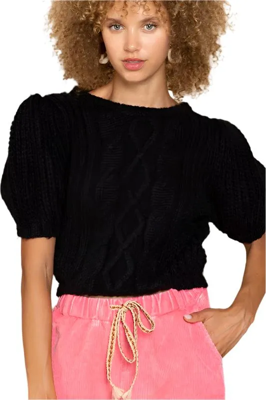 TEEK - Black Puff Sleeve Cable Sweater Top