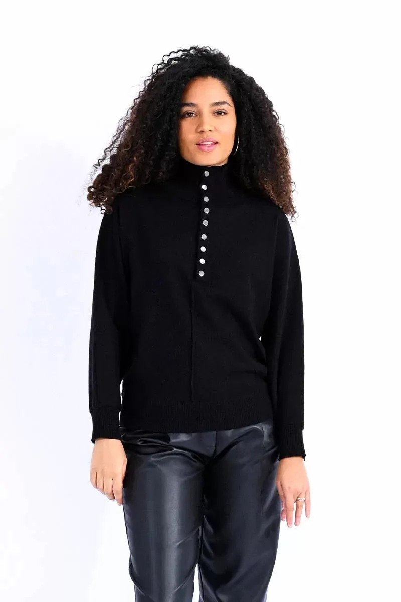 The High Neck Buttoned Sweater - Black