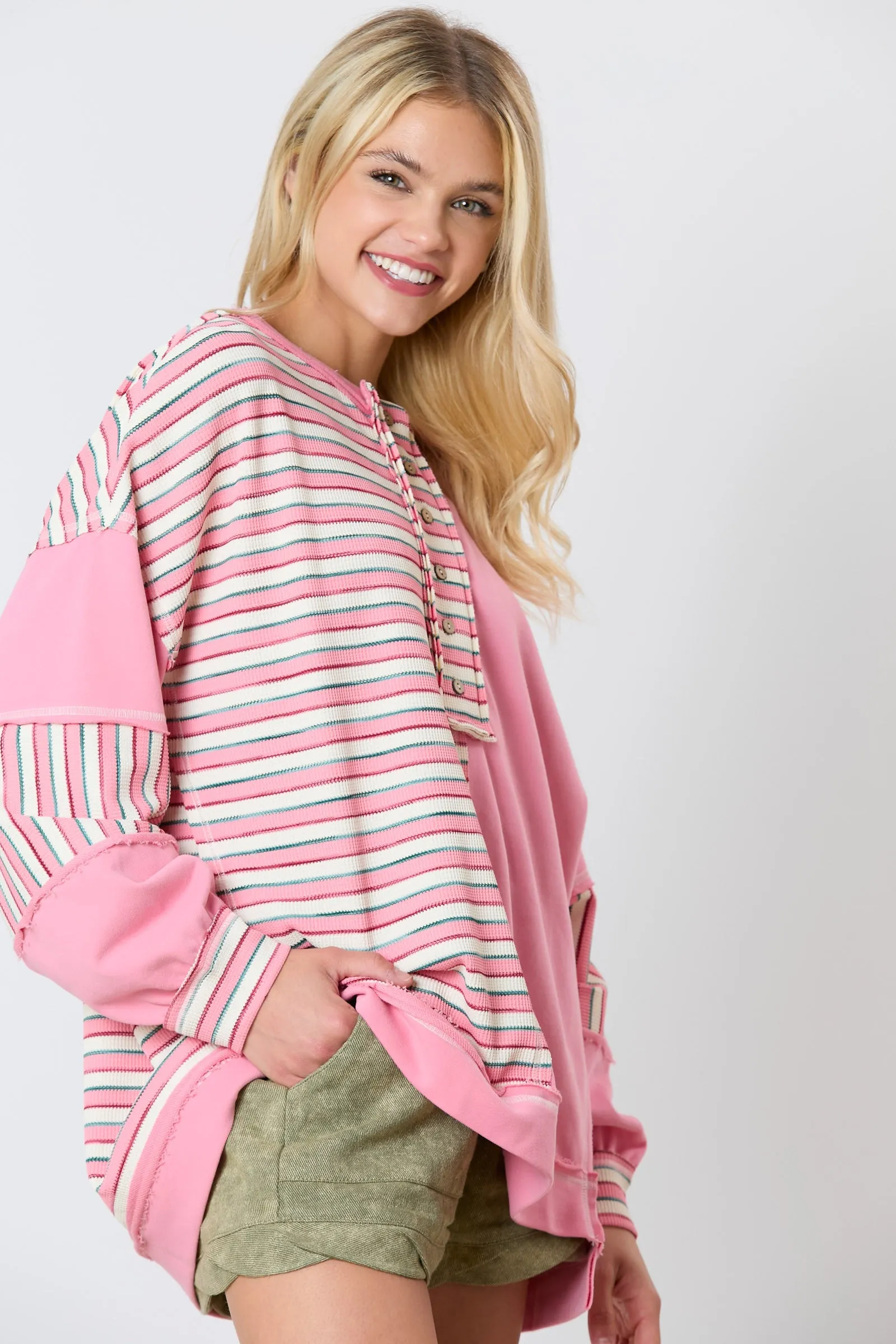 Thermal Stripe & Color Block Oversized Sweatshirt