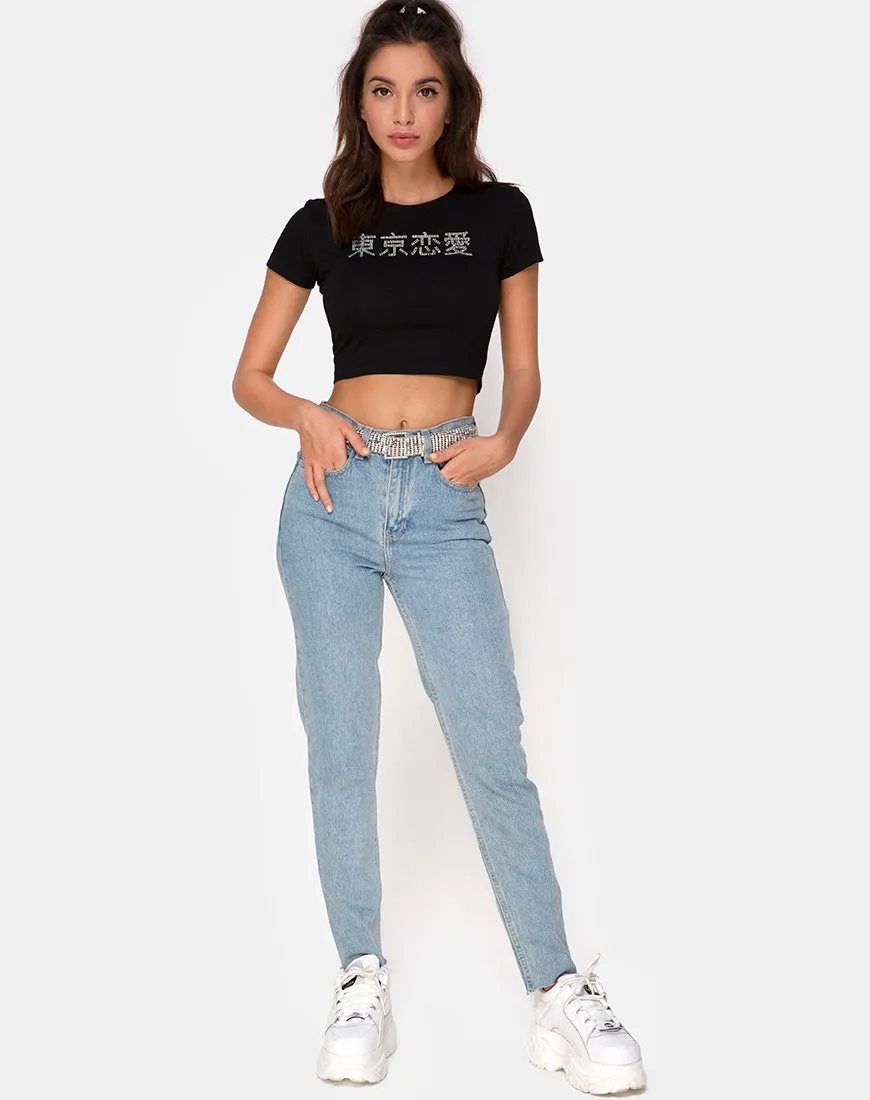 Tiney Crop Top Tee in Black with Diamante Hotfix