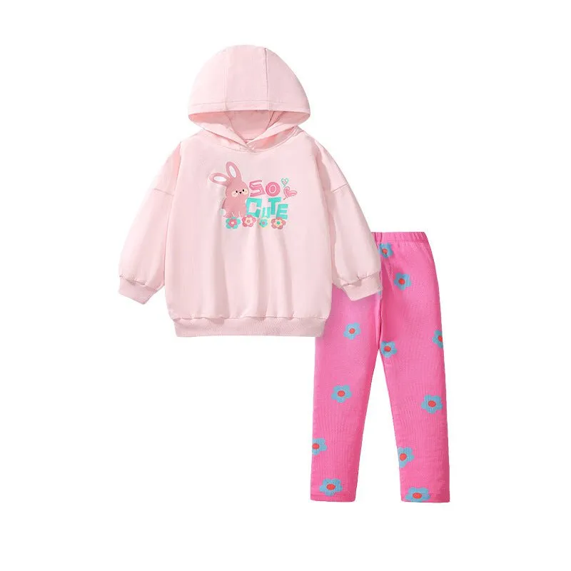 Toddler/Kid Girl's Bunny Print Design Pink Sweatshirt with Leggings Set