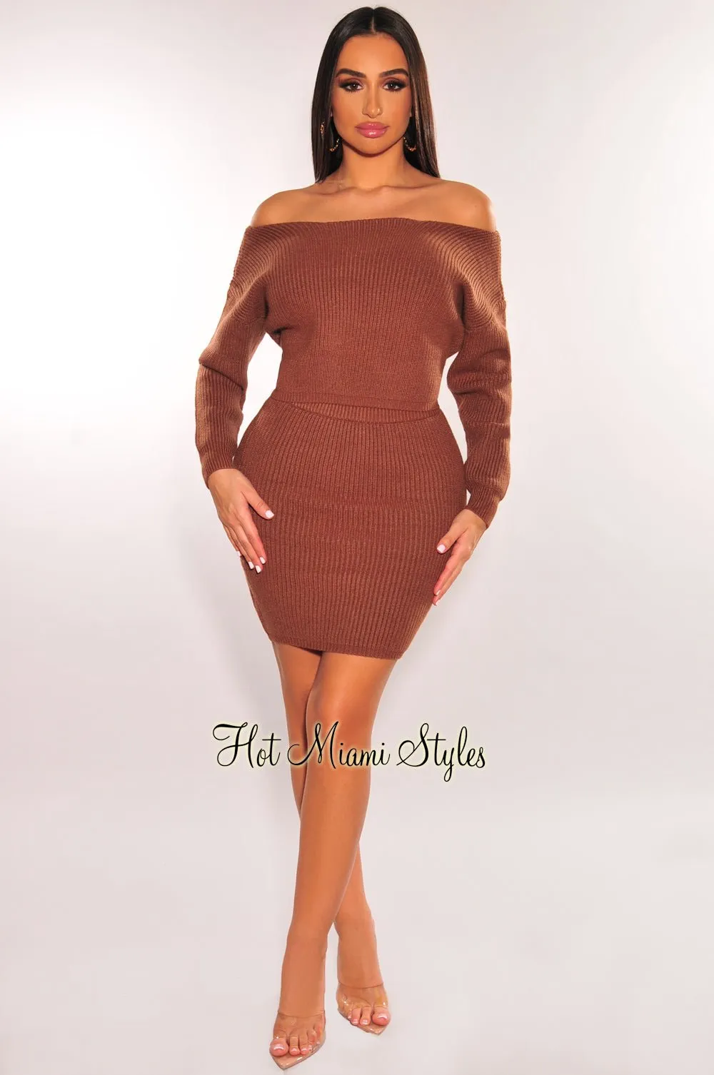 Toffee Ribbed Knit Sweater High Waist Skirt Two Piece Set