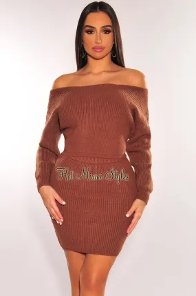 Toffee Ribbed Knit Sweater High Waist Skirt Two Piece Set