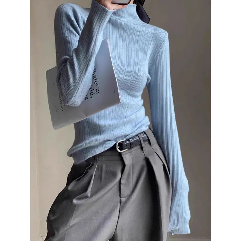 Toleet fall street women's outfits Blue Half Turtleneck Knitted Bottoming Shirt for Women New Autumn and Winter 2024 Inner Sweater Slim Slimming Slim Top for Women