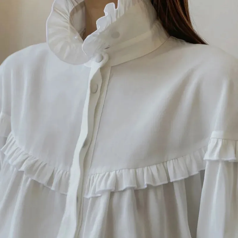 Turtleneck Casual Long Ruffle Sleeve White Spring Women's Loose Street T-shirt