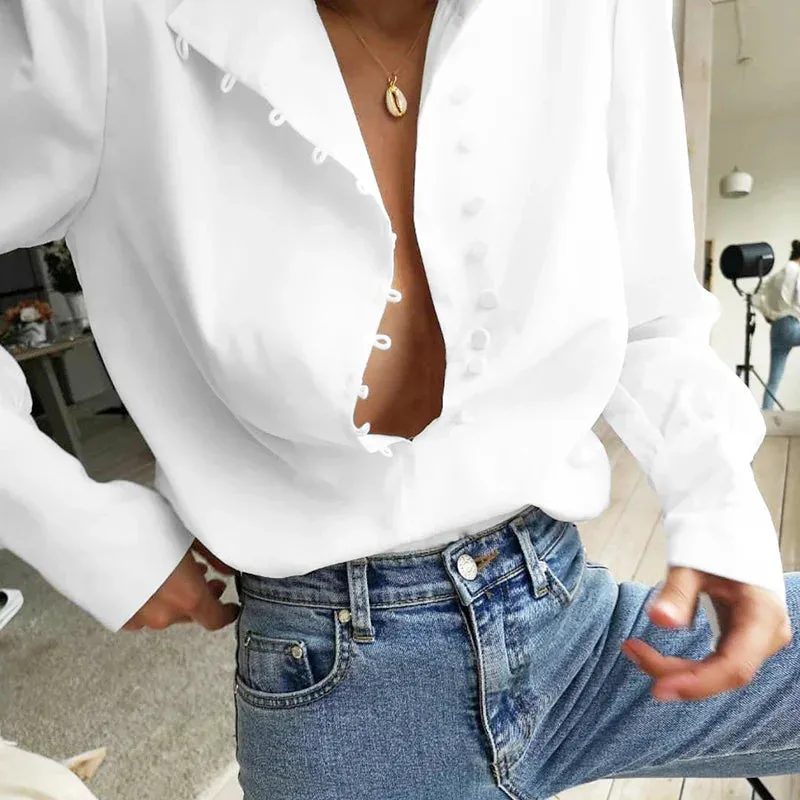 Turtleneck Long Sleeve Solid Single-Breasted Puff Blouse