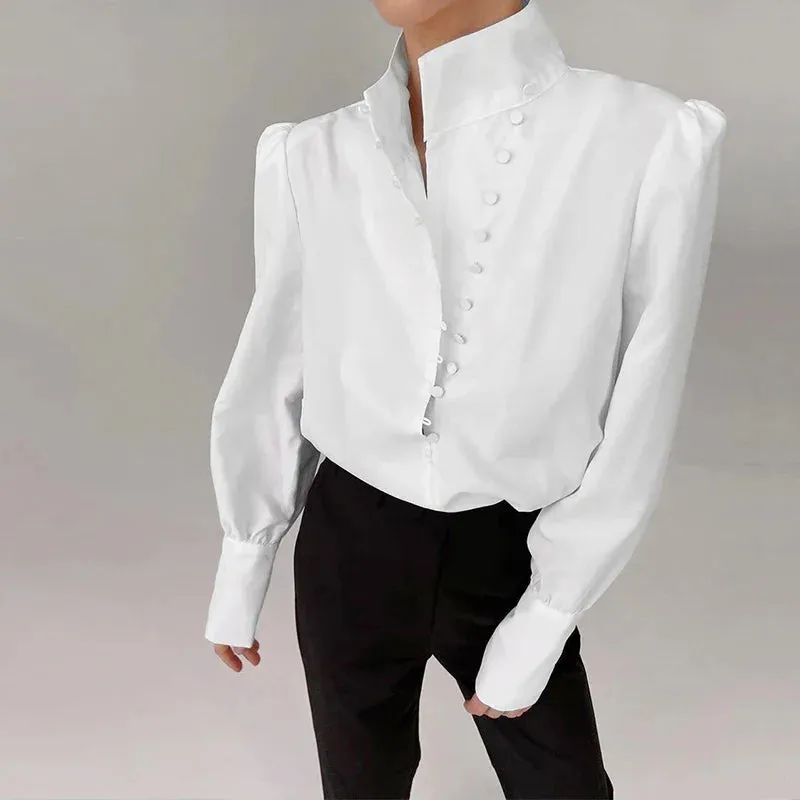 Turtleneck Long Sleeve Solid Single-Breasted Puff Blouse