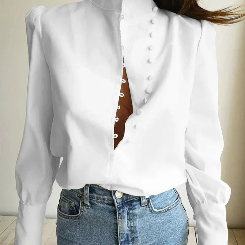 Turtleneck Long Sleeve Solid Single-Breasted Puff Blouse