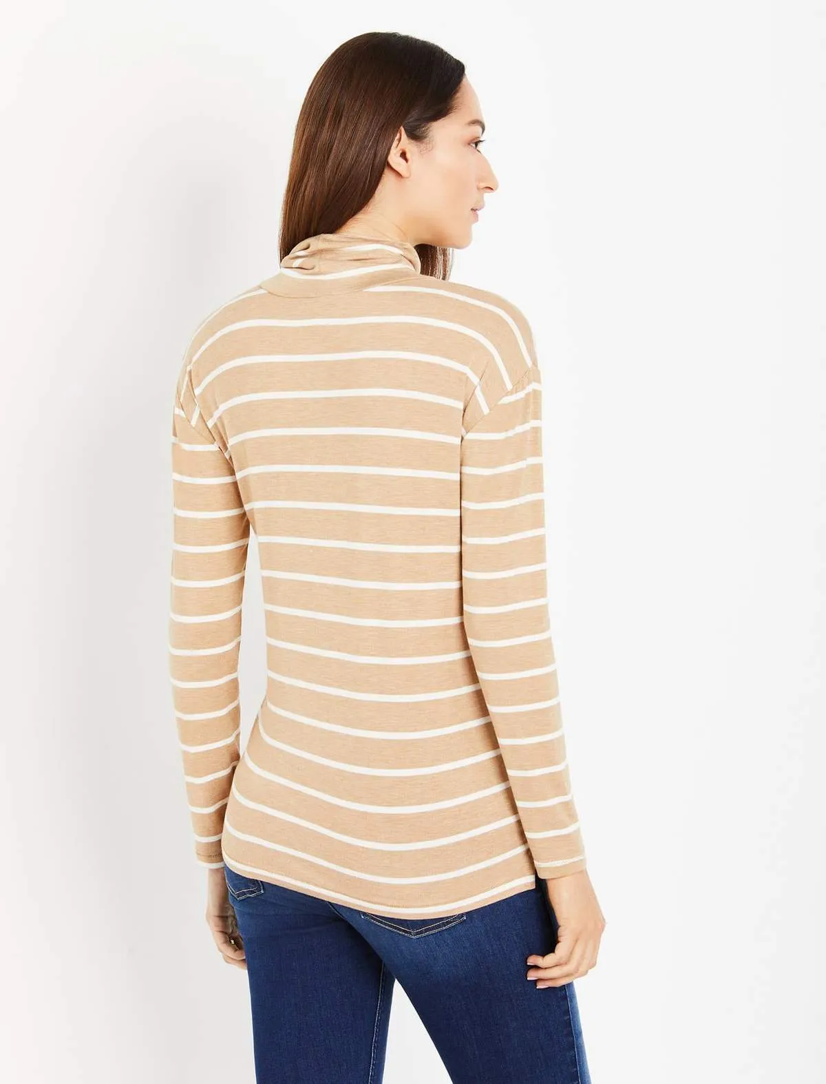 Turtleneck Striped Maternity Top in Tan Stripe