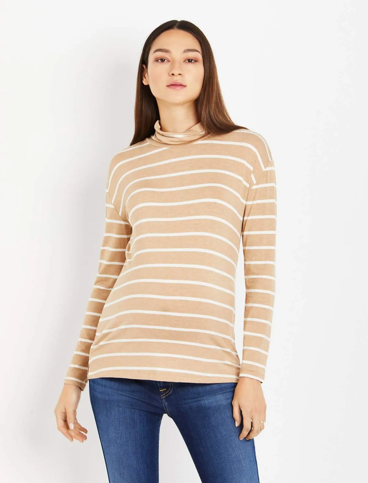 Turtleneck Striped Maternity Top in Tan Stripe