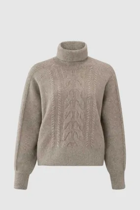 Turtleneck Sweater with Cable Pattern in Dark Sand Melange