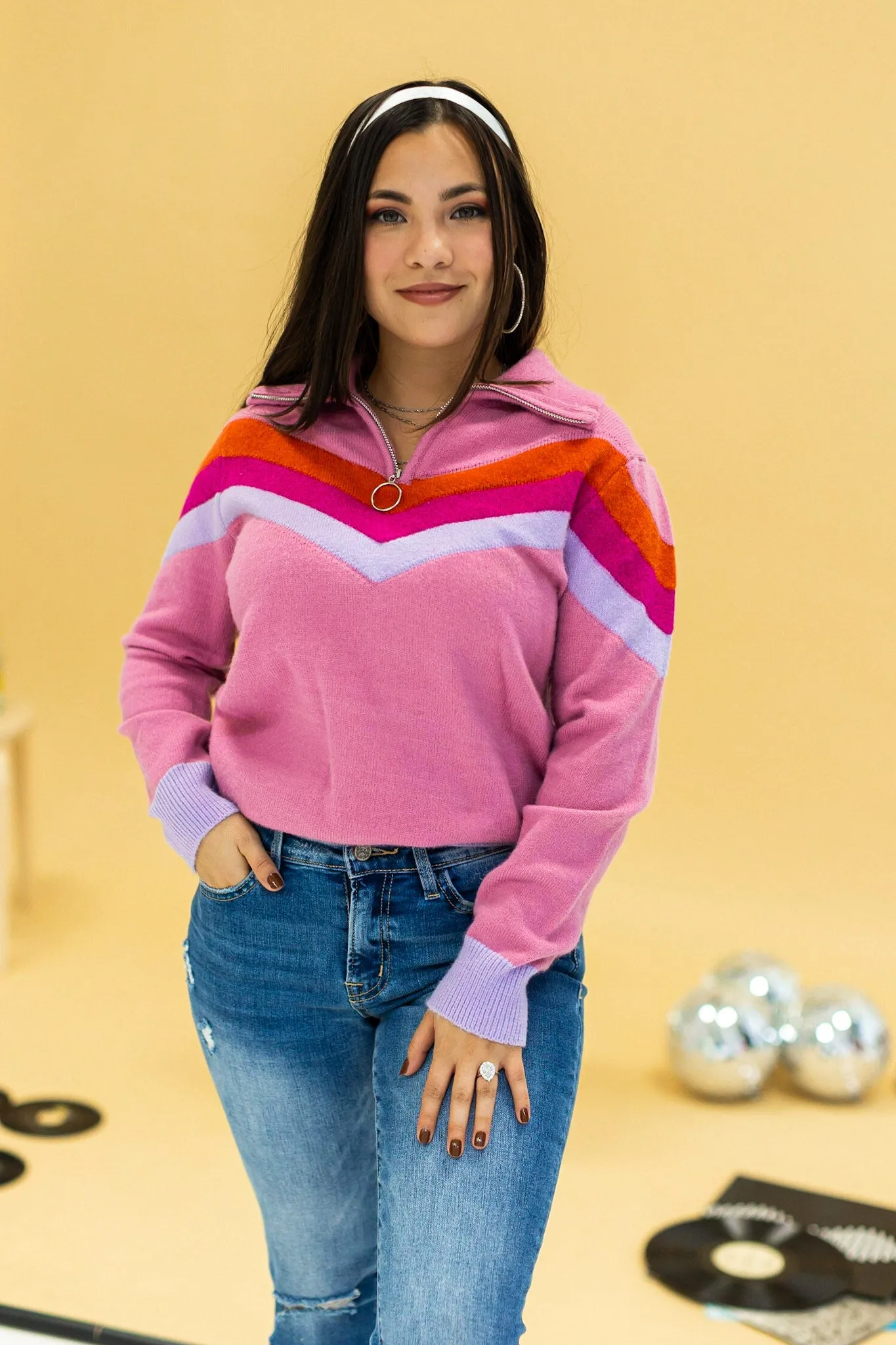 Vintage Vibes Pink Quarter Zip Sweater