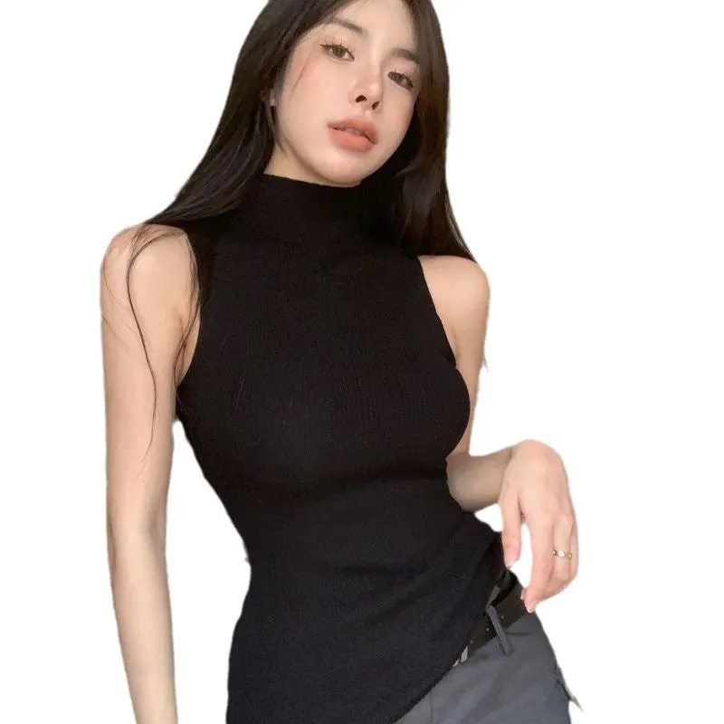 Wenkouban 2000s fashion Half Turtleneck Camisole Women's Fashionable Knitted Sleeveless Top