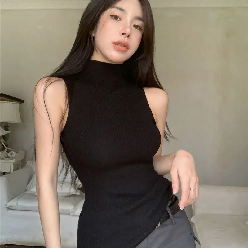 Wenkouban 2000s fashion Half Turtleneck Camisole Women's Fashionable Knitted Sleeveless Top