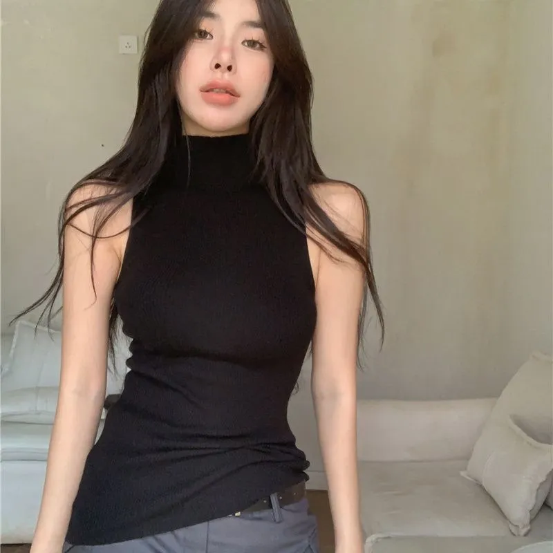 Wenkouban 2000s fashion Half Turtleneck Camisole Women's Fashionable Knitted Sleeveless Top