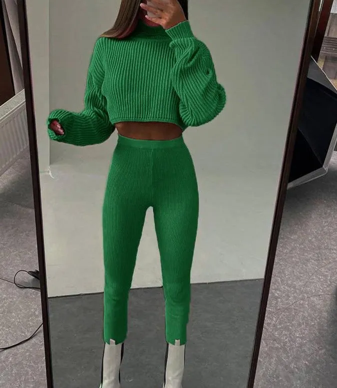 Wenkouban Back To School Woman Two Pieces Set Autumn Winter Knitted Pants Suit Casual Long Sleeve Turtleneck Sweater Skinny Pants Tracksuit