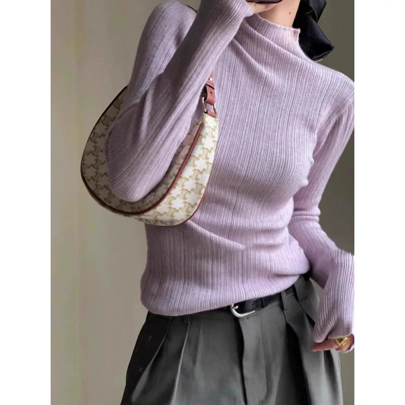 Wenkouban fall street women's outfits Blue Half Turtleneck Knitted Bottoming Shirt for Women New Autumn and Winter 2024 Inner Sweater Slim Slimming Slim Top for Women