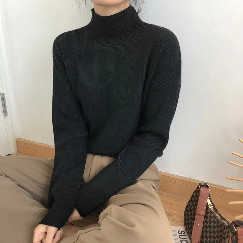 Wenkouban Solid Color Half Turtleneck Sweater for Women 2024 Autumn and Winter New Soft Glutinous Slim Slimming Loose Warm Knitted Bottoming Shirt