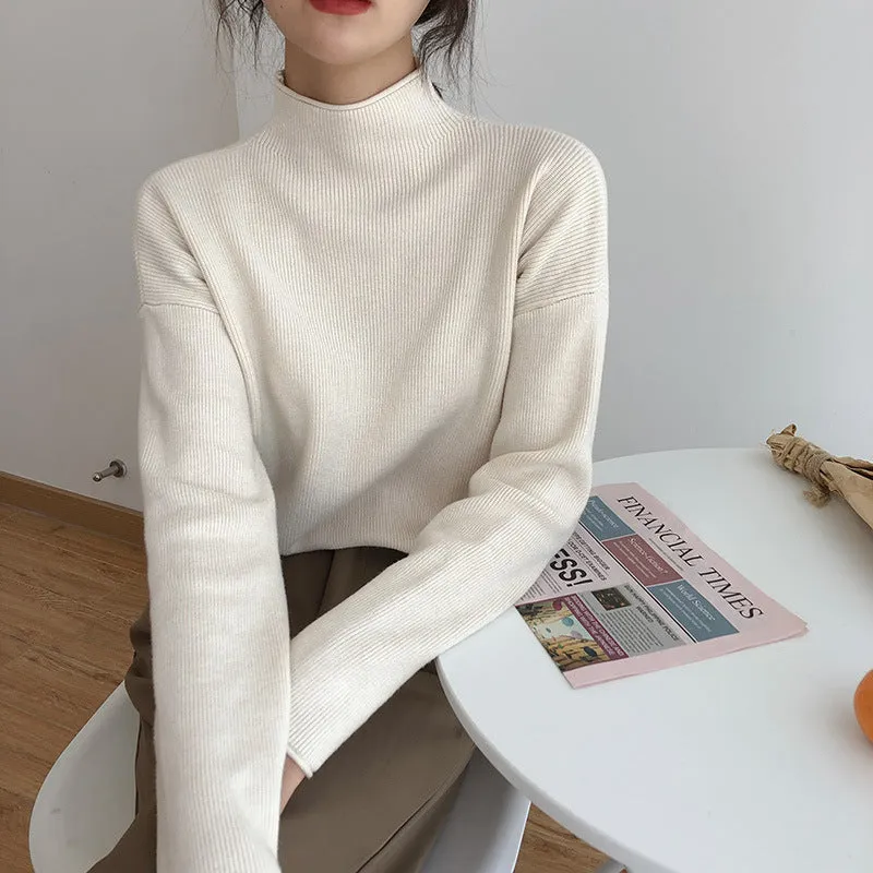 Wenkouban Solid Color Half Turtleneck Sweater for Women 2024 Autumn and Winter New Soft Glutinous Slim Slimming Loose Warm Knitted Bottoming Shirt