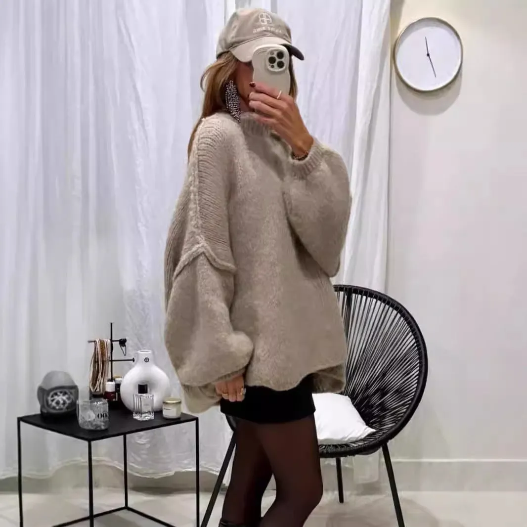 Wenkouban sweater outfits Autumn and Winter New Loose Half Turtleneck Commuter Style Fake Reverse Wear Knitted Pullover Solid Color Sweater for Women