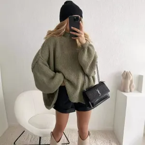 Wenkouban sweater outfits Autumn and Winter New Loose Half Turtleneck Commuter Style Fake Reverse Wear Knitted Pullover Solid Color Sweater for Women