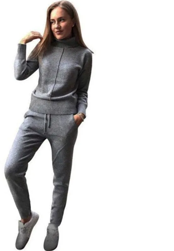 Wenkouban Women's Woolen Knitted Suit High Collar Sweater   Pants Loose Style Two-Piece Set Women's Knitted Costume Tracksuit