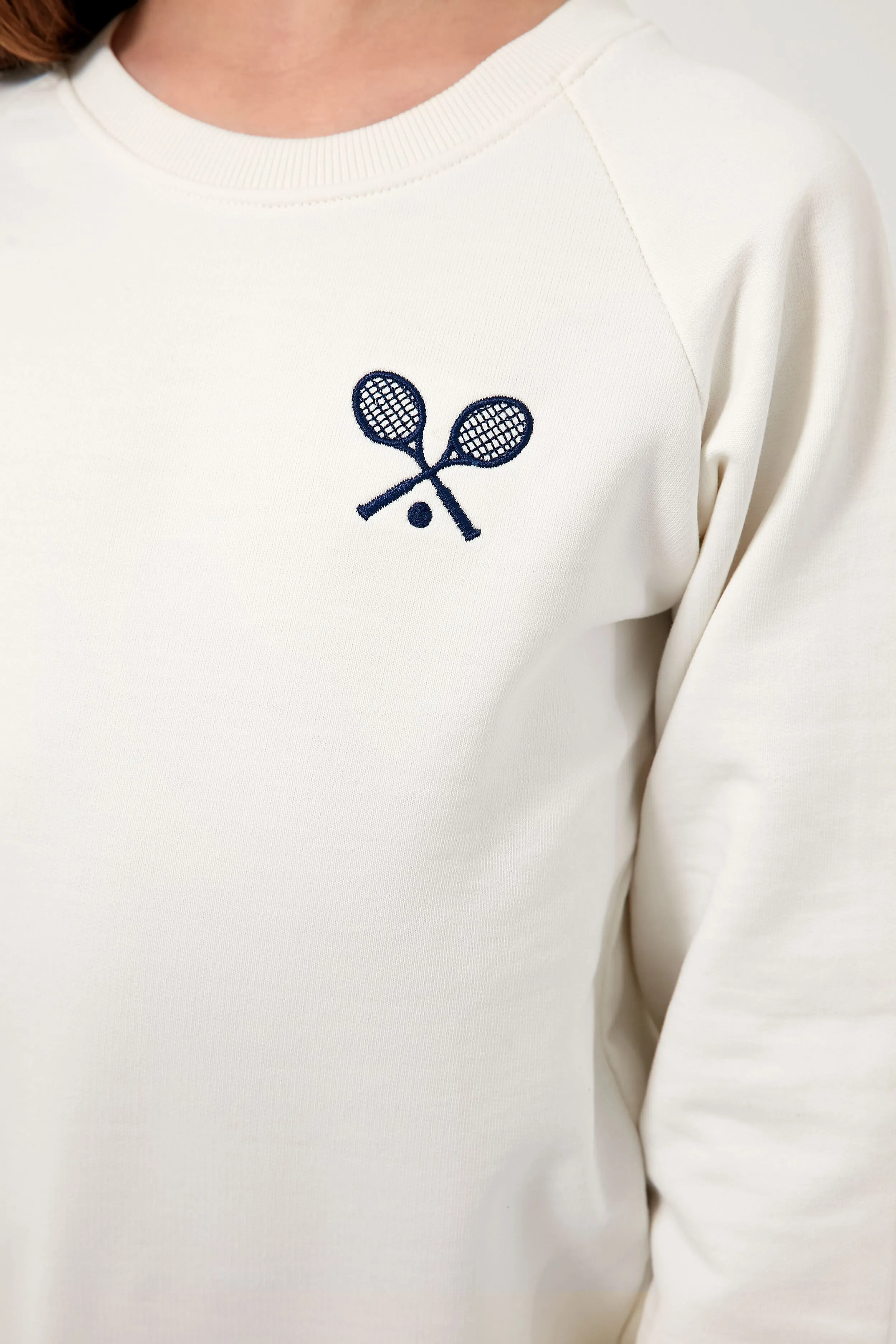 White Sweatshirt with Navy Tennis Rackets