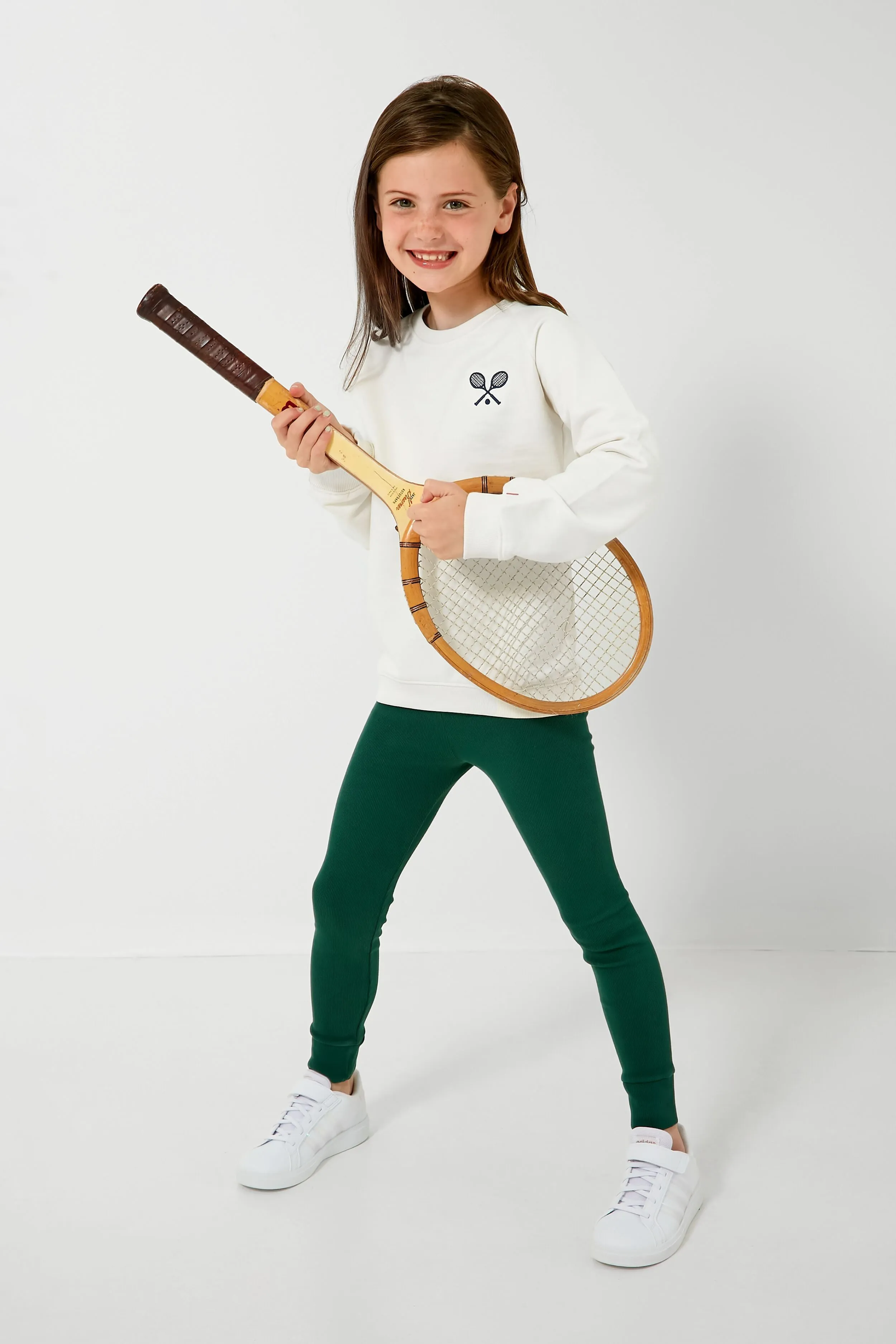 White Sweatshirt with Navy Tennis Rackets