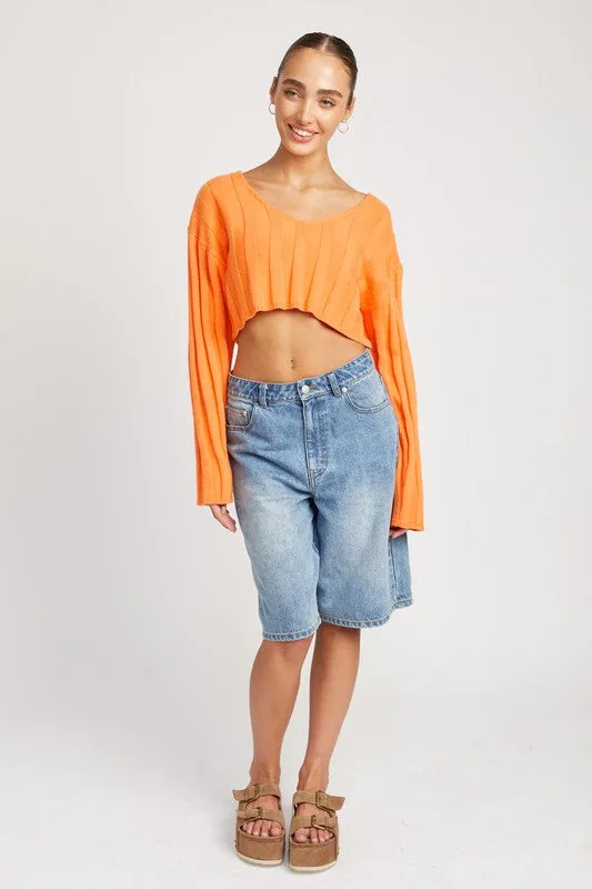 WIDE RIB LONG SLEEVE V NECK TOP Cropped sweater womens Orange Baggy crop top