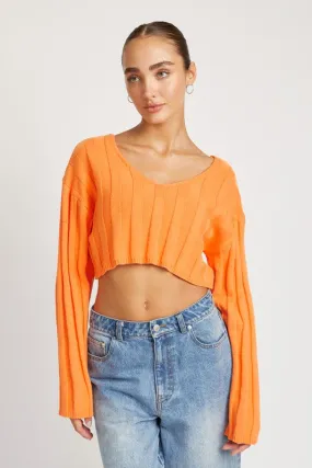 WIDE RIB LONG SLEEVE V NECK TOP Cropped sweater womens Orange Baggy crop top