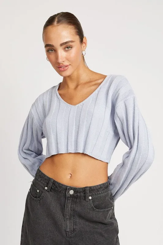 WIDE RIB LONG SLEEVE V NECK TOP Cropped sweater womens Orange Baggy crop top