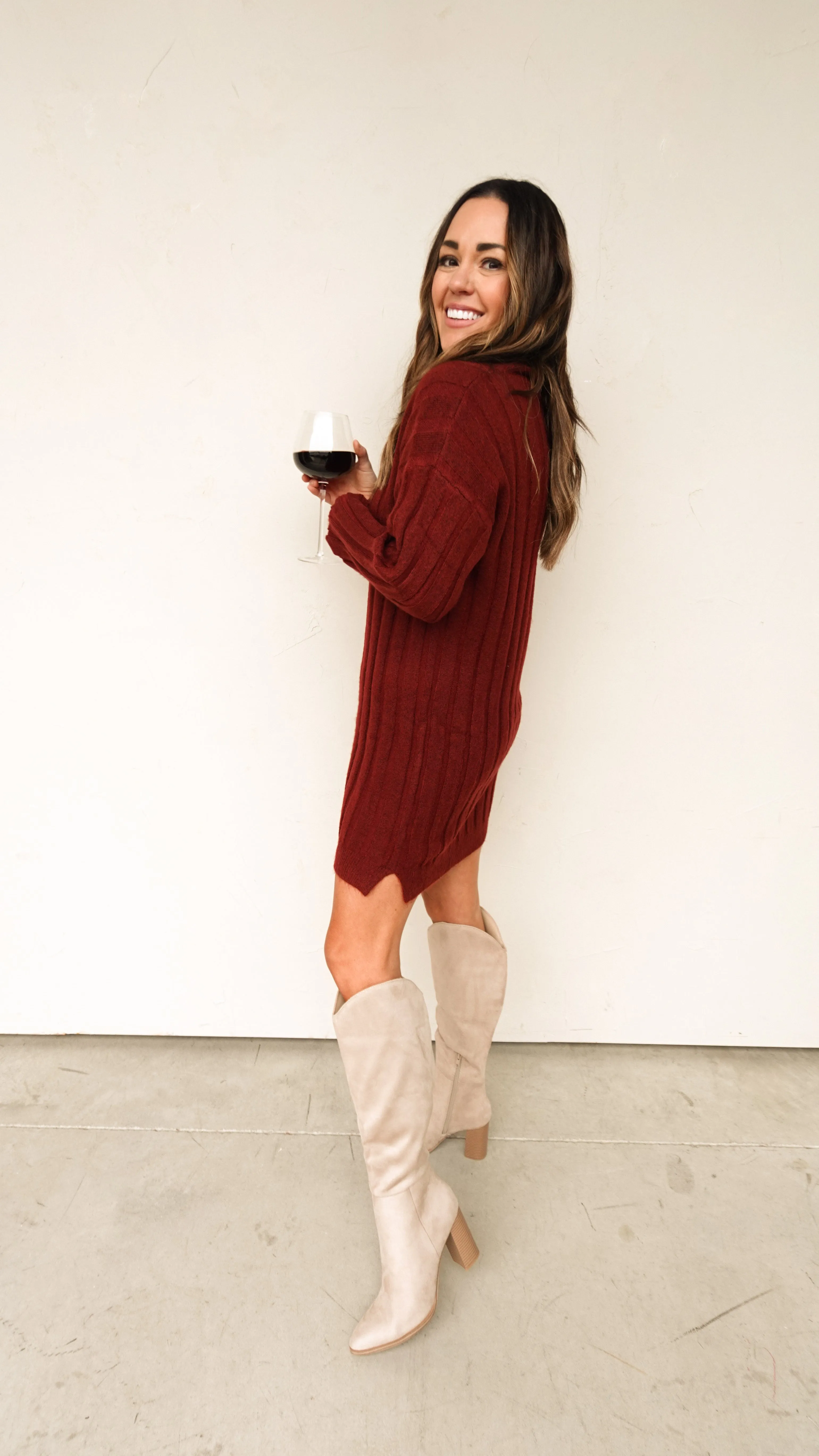 Wine Mock Neck Ribbed Sweater Dress