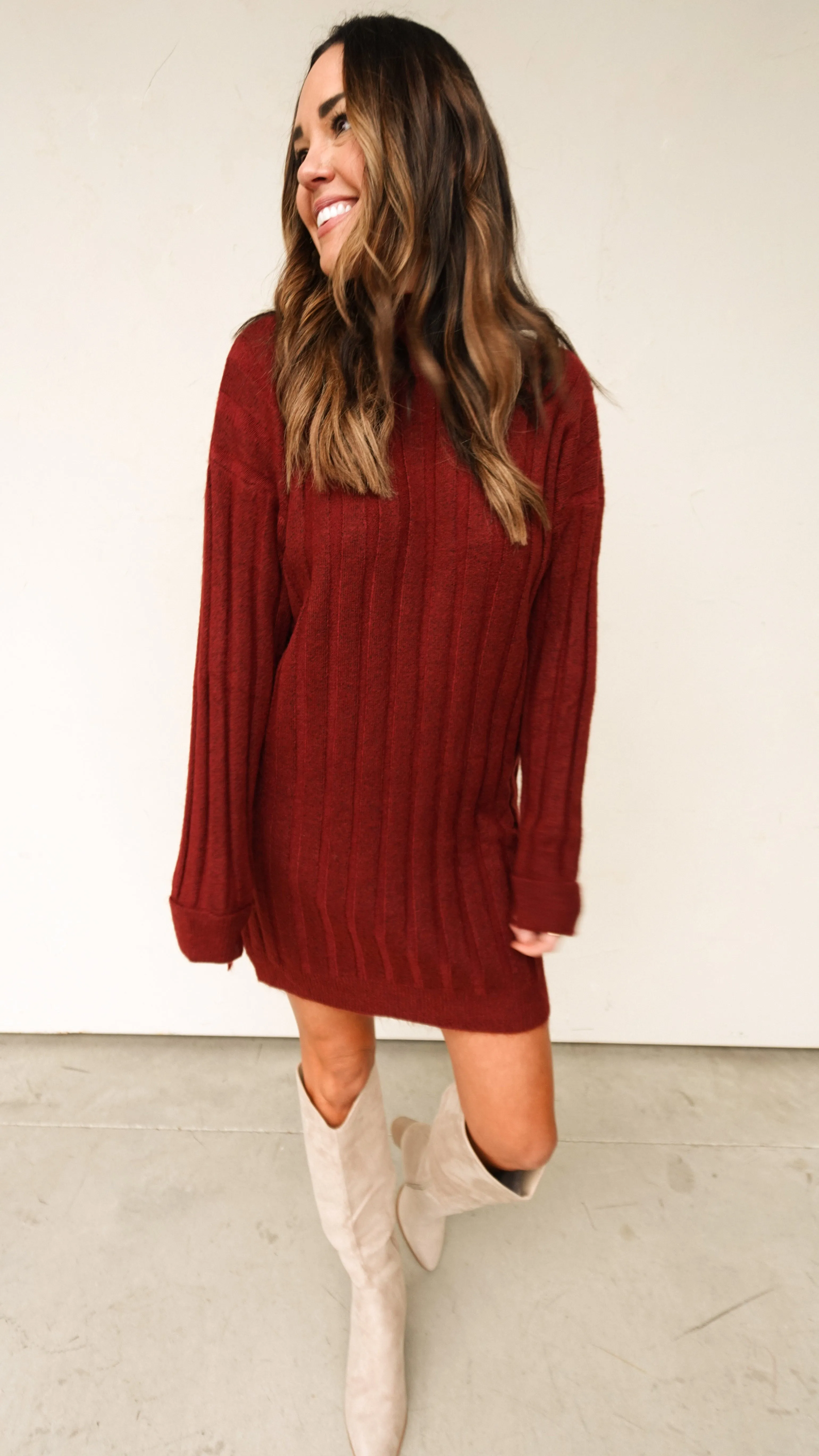 Wine Mock Neck Ribbed Sweater Dress