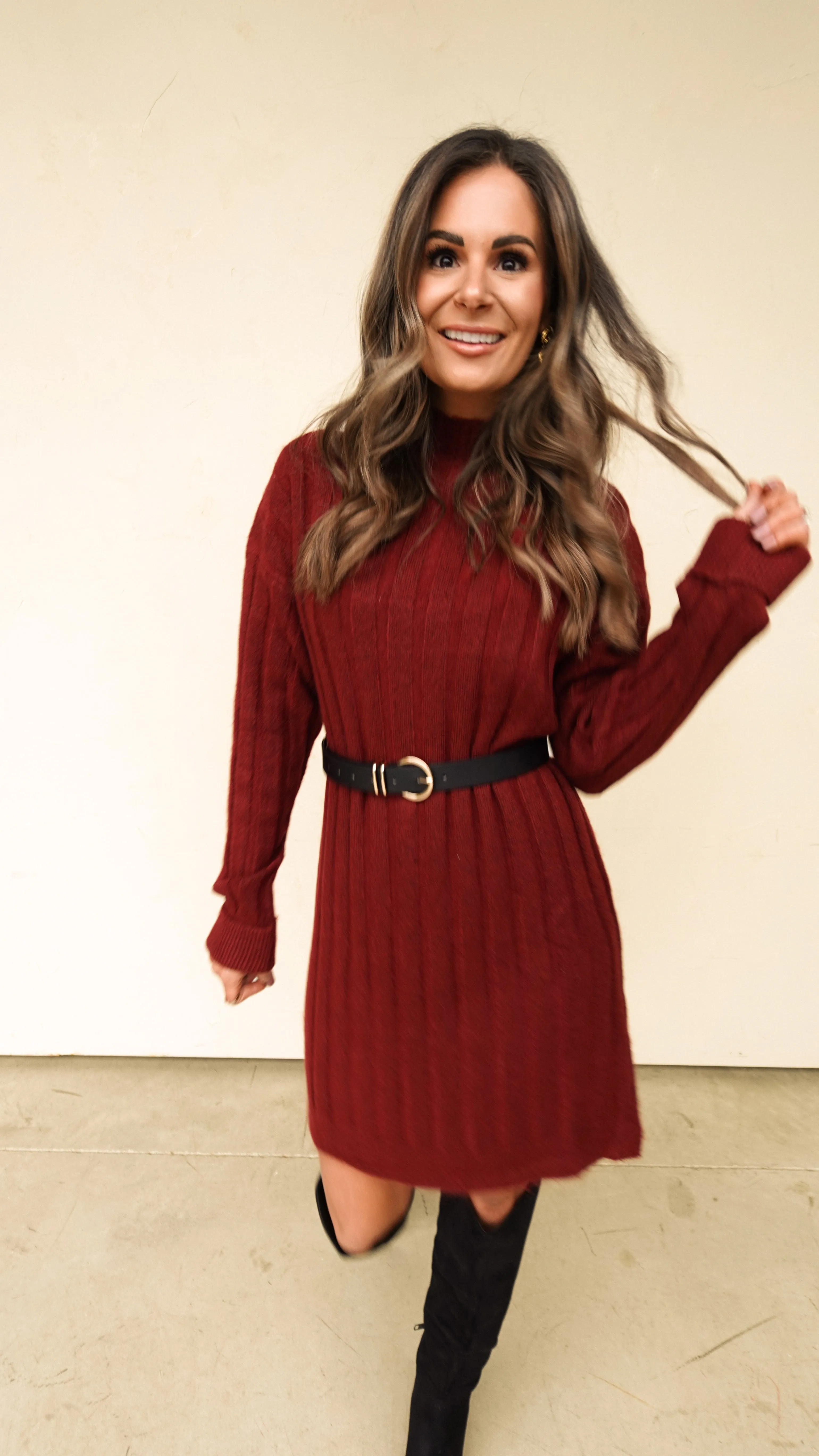 Wine Mock Neck Ribbed Sweater Dress