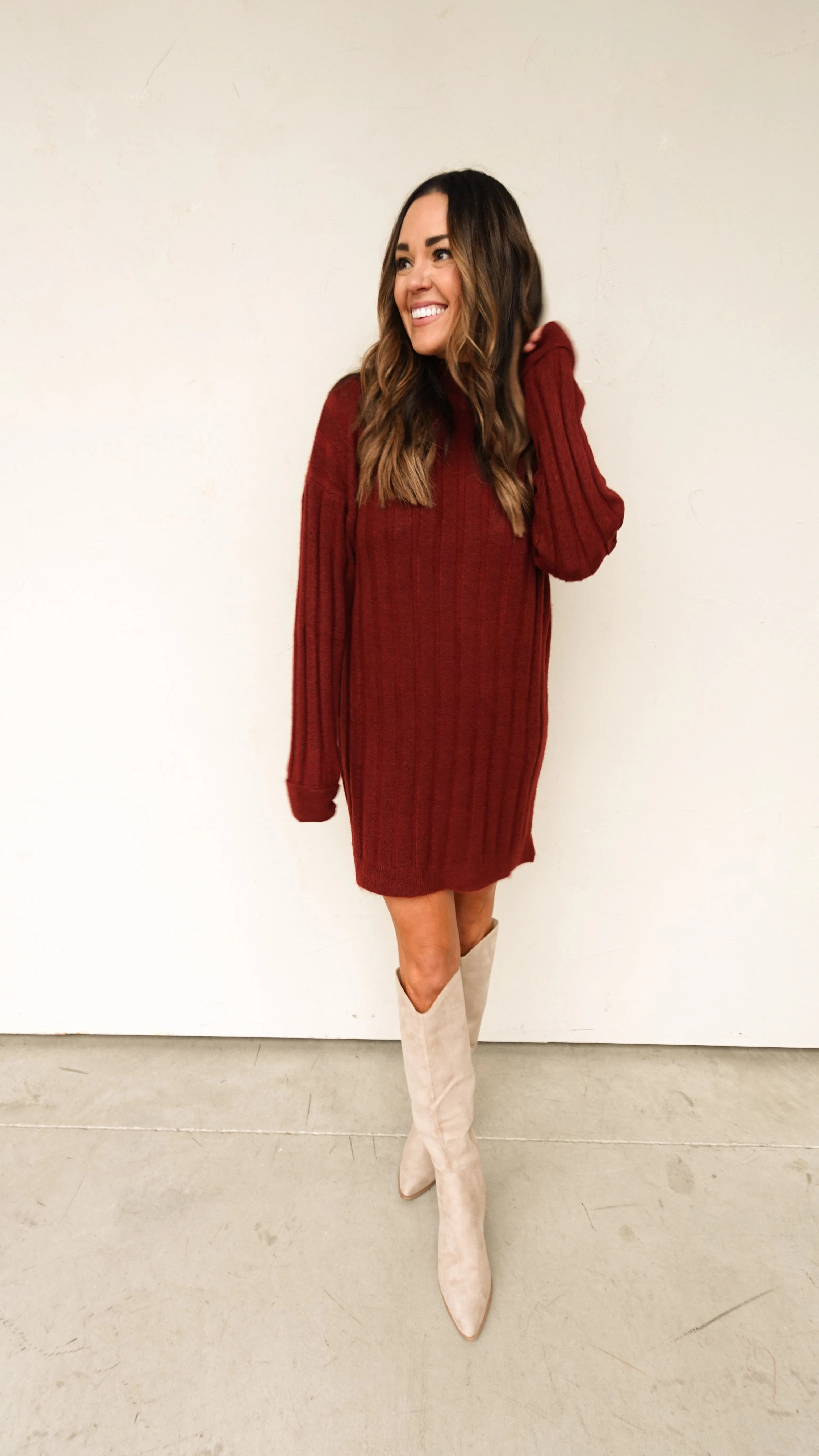 Wine Mock Neck Ribbed Sweater Dress