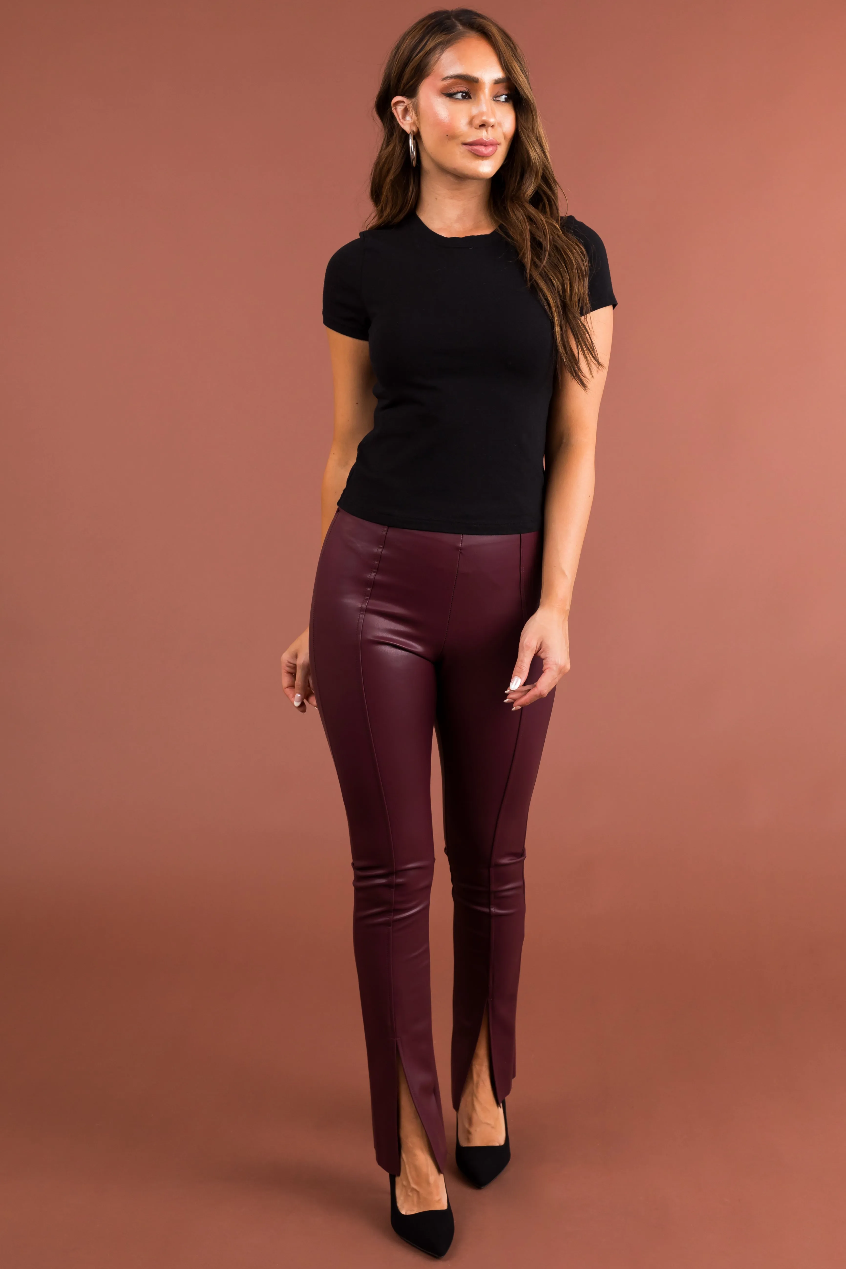 Wine Slit Hem Faux Leather Leggings