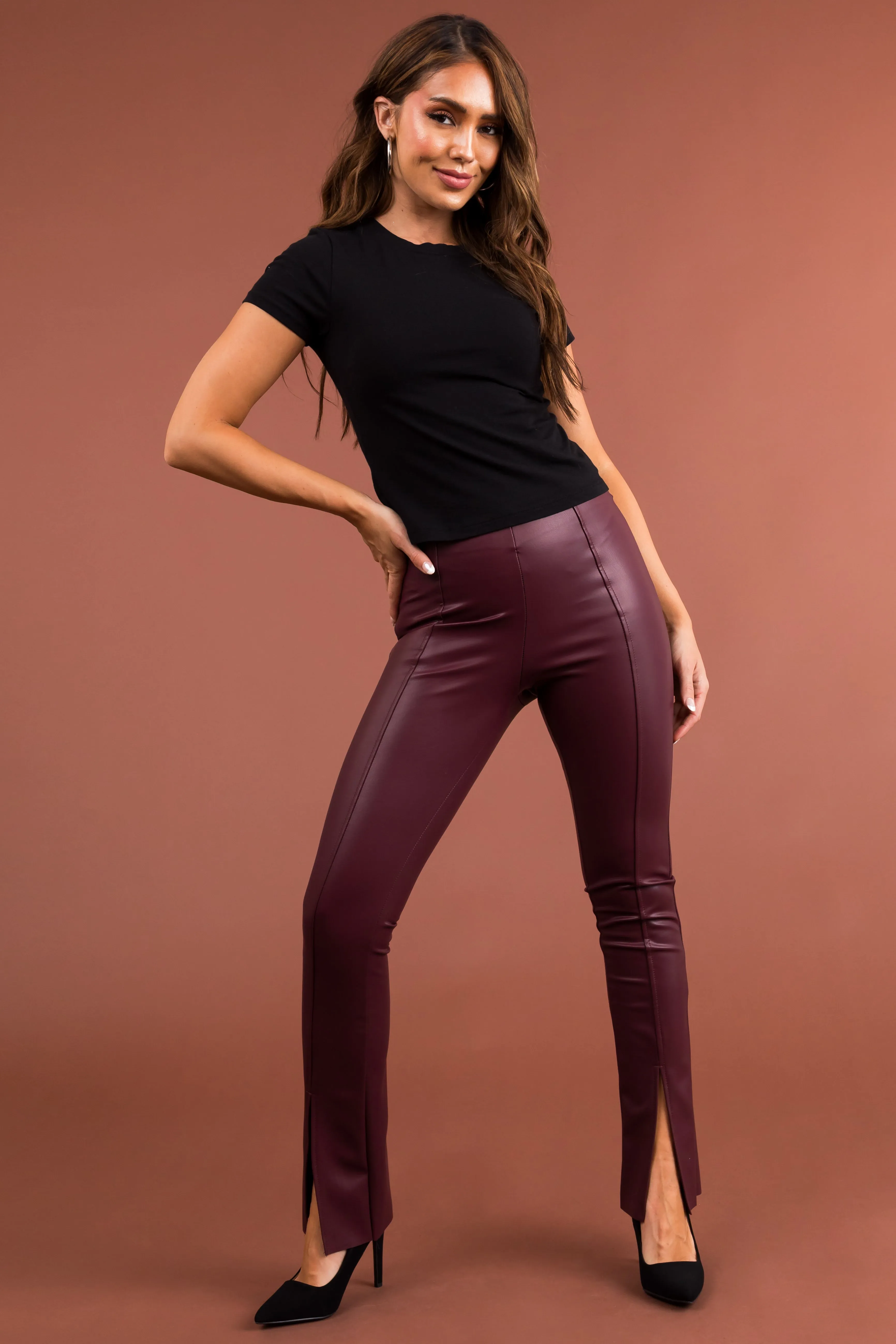 Wine Slit Hem Faux Leather Leggings