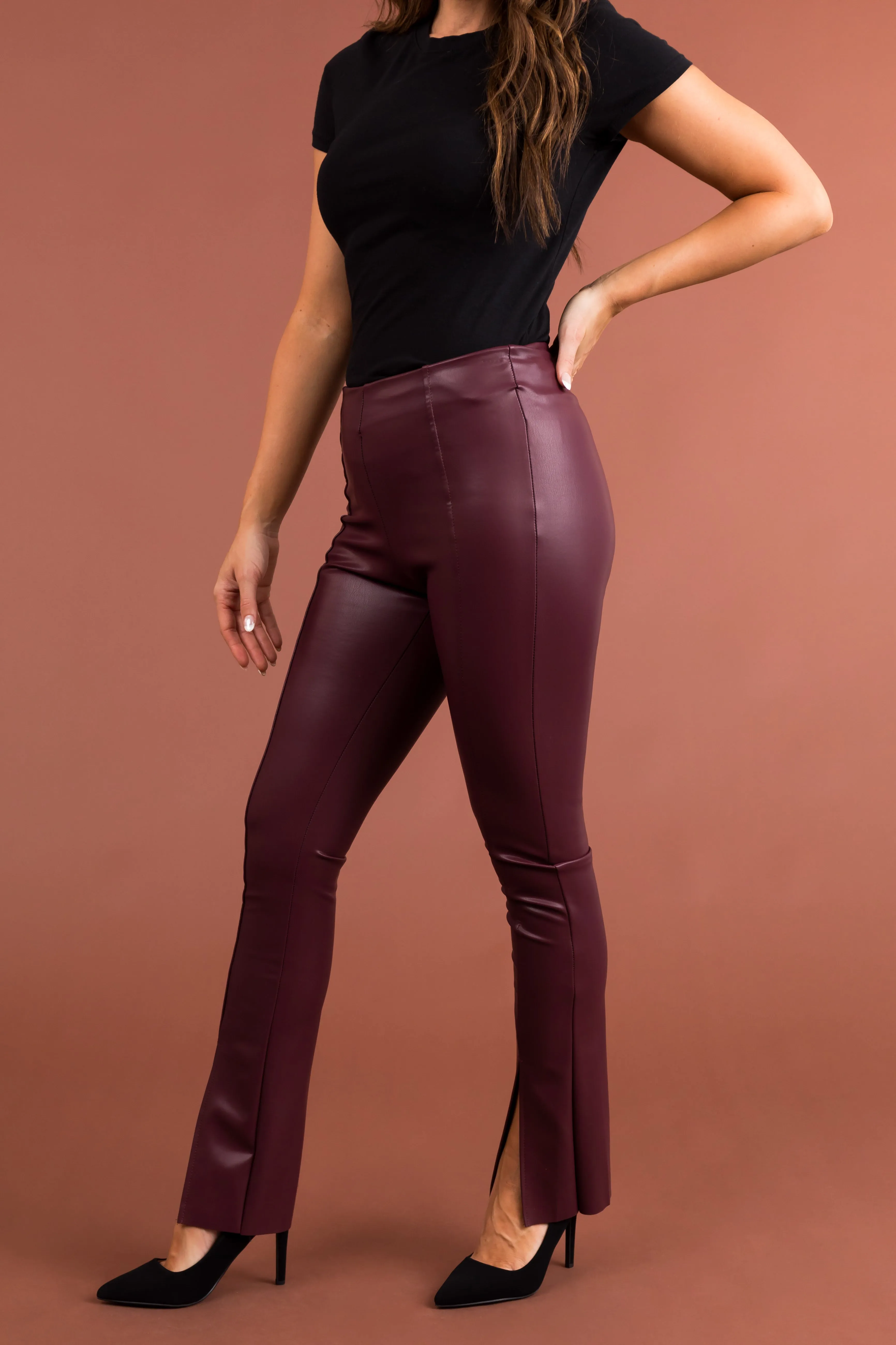 Wine Slit Hem Faux Leather Leggings