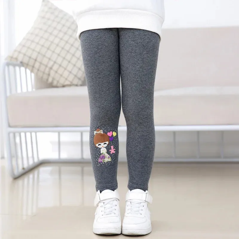 Winter Thick Warm Pants For Grils 3-10T Cartoon Pattern Trousers Baby Skinny Leggings With Fleece Warm Elastic Waist Trousers