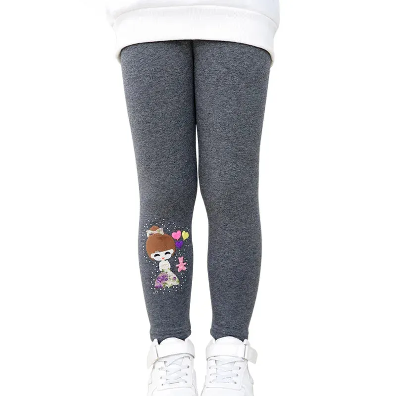 Winter Thick Warm Pants For Grils 3-10T Cartoon Pattern Trousers Baby Skinny Leggings With Fleece Warm Elastic Waist Trousers