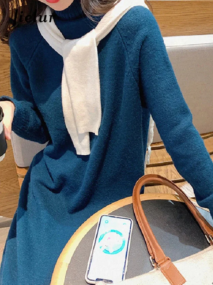 Woman Dress Turtleneck Slim Knit Sweater Dress Women Autumn Winter New Korean Style Long Sleeve Loose Base Beige Dress