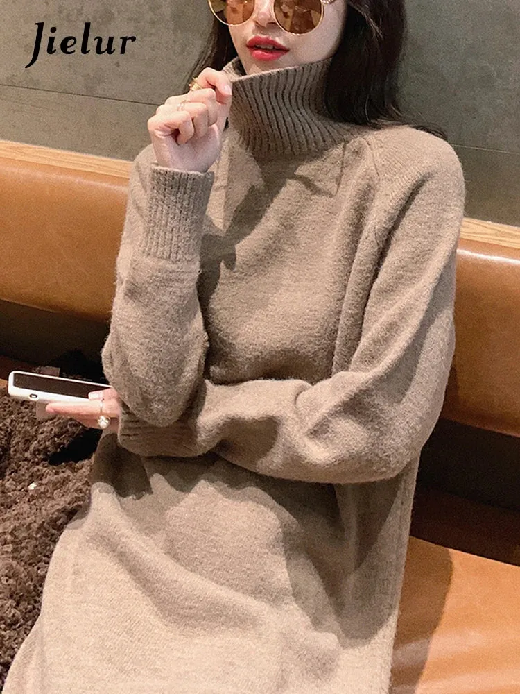 Woman Dress Turtleneck Slim Knit Sweater Dress Women Autumn Winter New Korean Style Long Sleeve Loose Base Beige Dress