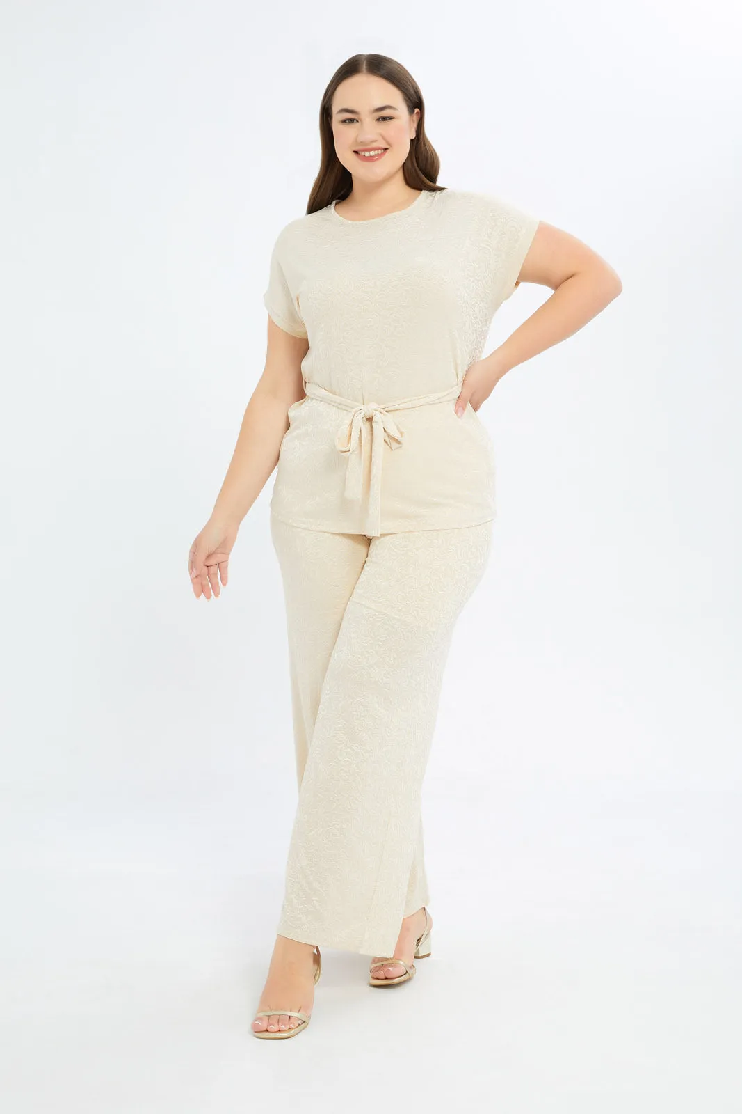 Women Beige Jacquard Wide Leg Trousers