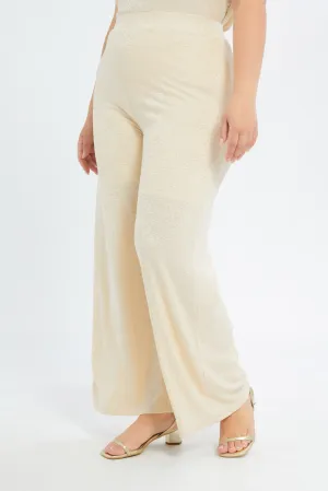 Women Beige Jacquard Wide Leg Trousers