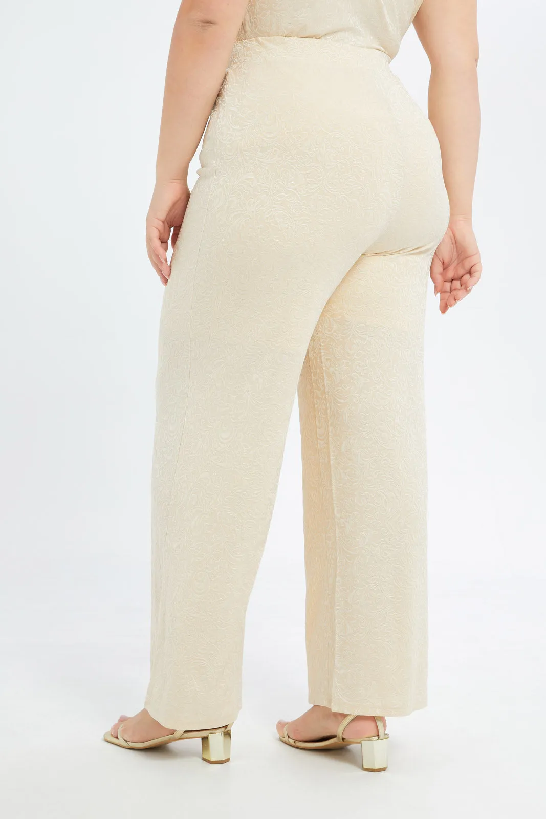 Women Beige Jacquard Wide Leg Trousers