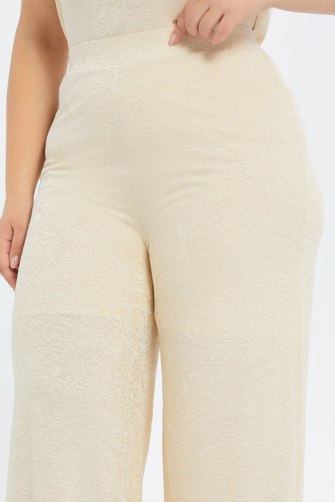 Women Beige Jacquard Wide Leg Trousers